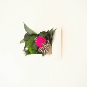 vue de profil du Tableau vegetal sweet hua cadre blanc avec rose stabilisee et plumes