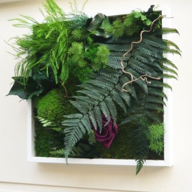 cadre vegetal carree en relief cadre blanc fougeres et mousse naturelle stabilisée et rose prune