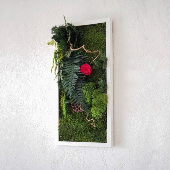 Tableau végétal stabilisé MAGIC ROSE  rose éternelle et végétaux naturels stabilisés pour la décoration murale