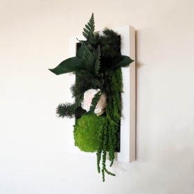 Vue de profil tableau vegetalise cadre blanc vertical feuillage retombant et rose