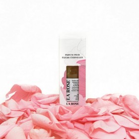 Flacon de parfum rose de jardin posé sur des pétales de rose roses