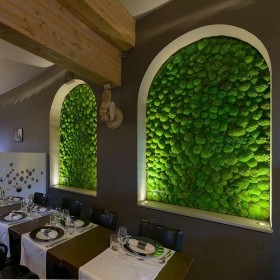 Mur végétal stabilisé Pollmoss en mousse boule dans un restaurant
