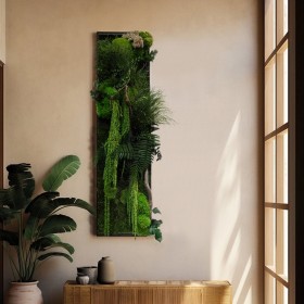 Tableau végétal stabilisé amazing vert et bois avec coulée d'amaranthe 40x150cm vue de face dans une entrée