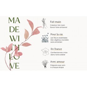 Infographie détaillant les avantages du produit : fabrication artisanale française et sans entretien.
