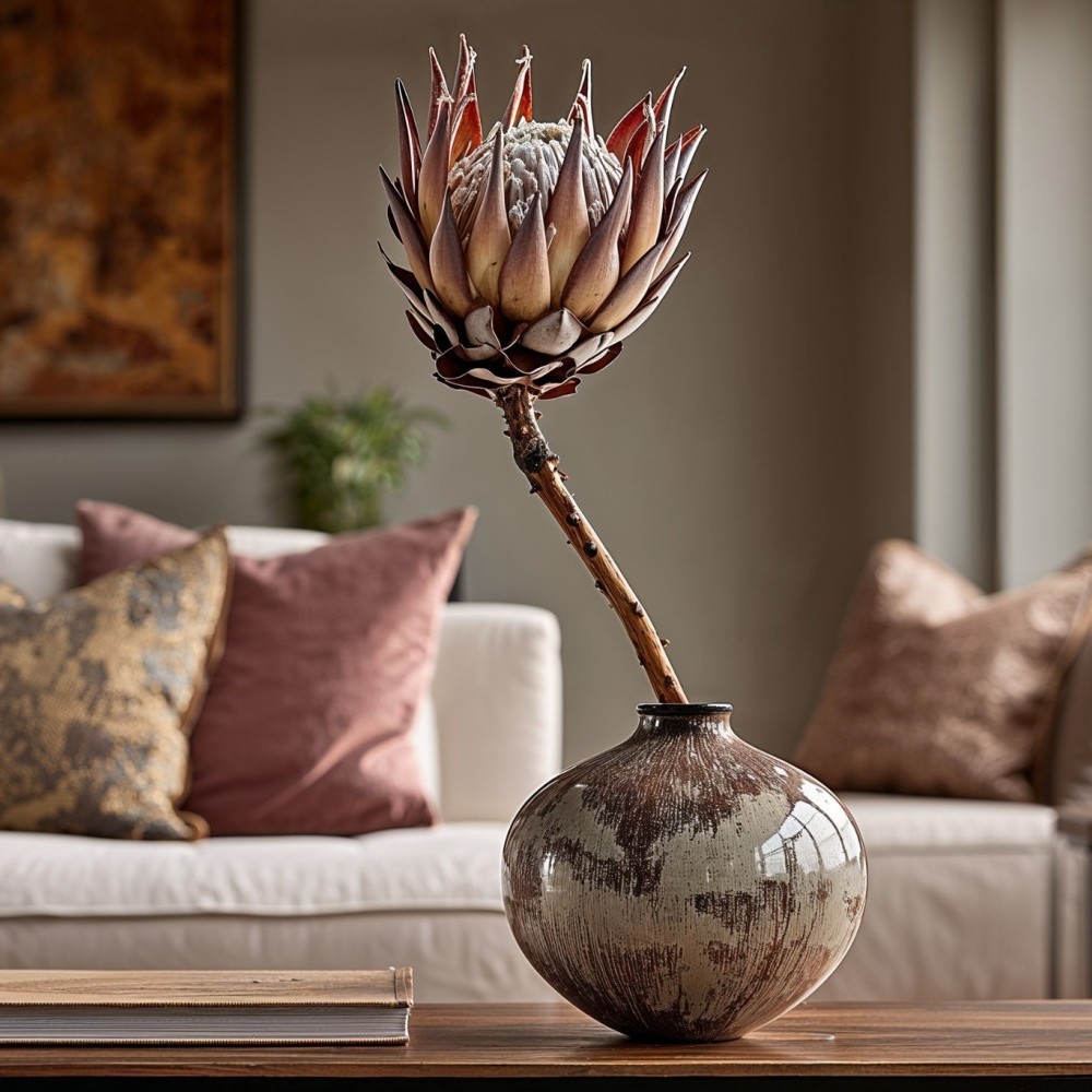 Tige de protea cynaroide stabilisée - fleur naturelle stabilisée - décoration intérieure - Deco-Vegetale