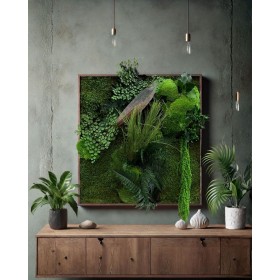 Tableau végétal stabilisé carré en situation sur un mur gris dans une entrée plantes naturelles stabilisées - décoration murale