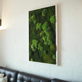 Grand tableau végétal en mousse boule au-dessus d’un canapé