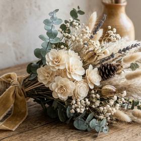 Bouquet de mariée en fleurs de sola Rose des bois et fleurs séchées avec ruban velours