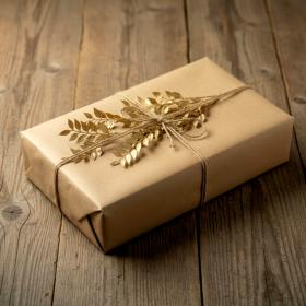 Paquet cadeau en papier kraft naturel décoré de brins de Ruscus doré sur fond de bois