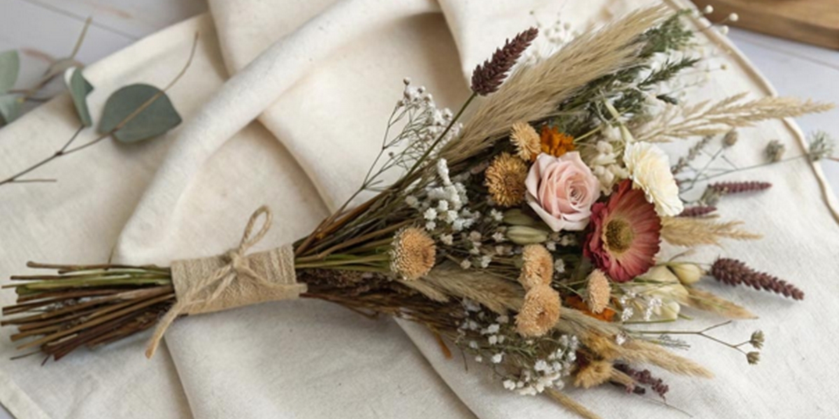 Bouquet de fleurs séchées allongé posé sur une table