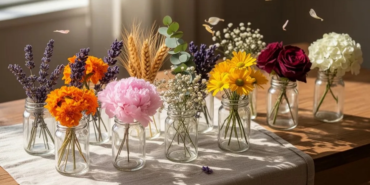 Petits bouquets de fleurs séchées colorées dans des vases transparents