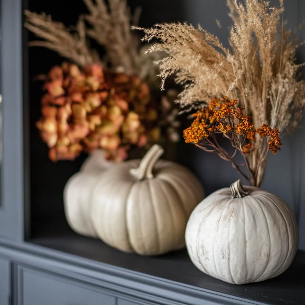 Citrouilles blanches avec bouquets de fleurs séchées orangées sur étagère