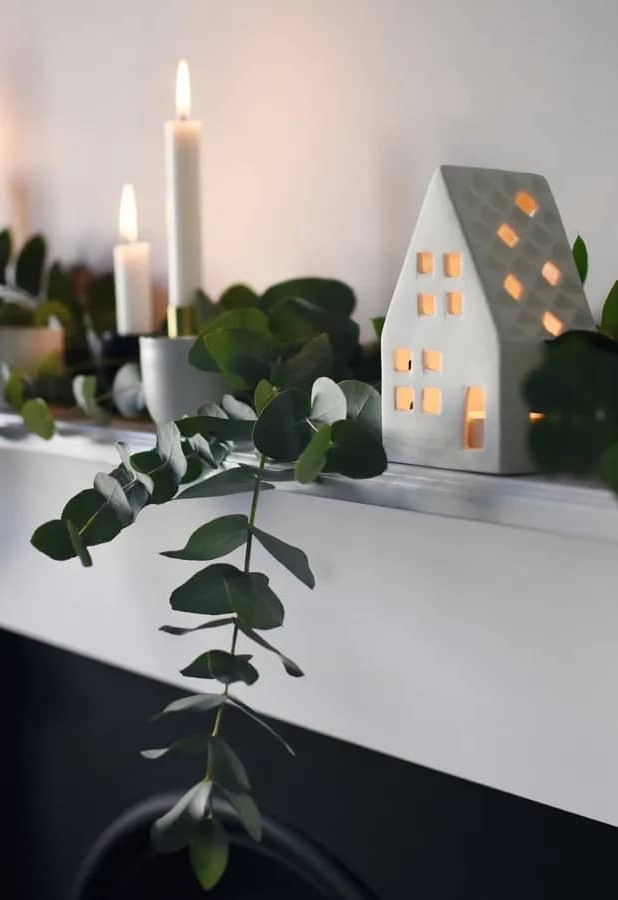 feuillage eucalyptus stuartiana vert sur une cheminée avec luminaires delicats