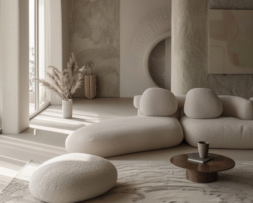 Salon minimaliste aux formes arrondies dans des tons beiges et bouquet de pampa