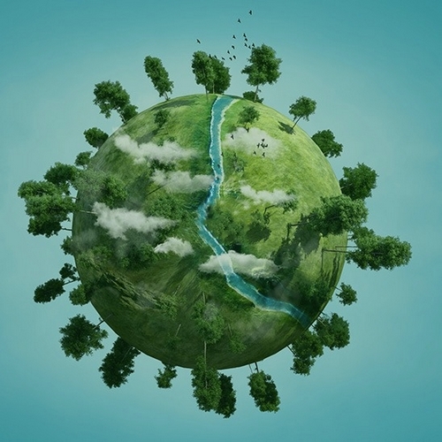 Illustration d'un globe vert traversé par une rivière bleue, fond turquoise