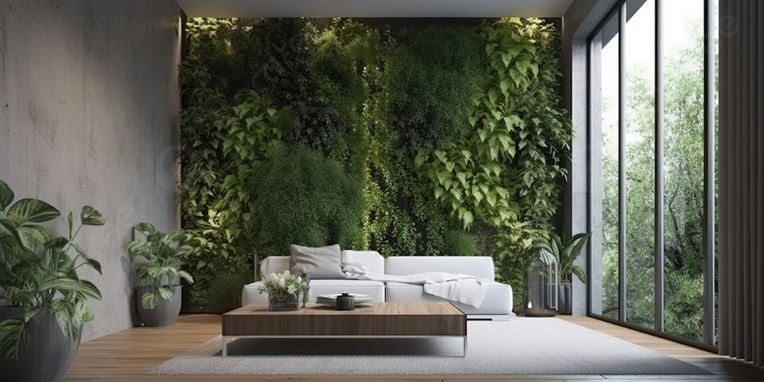mur vegetal xxl dans un salon trés epuré contemporain