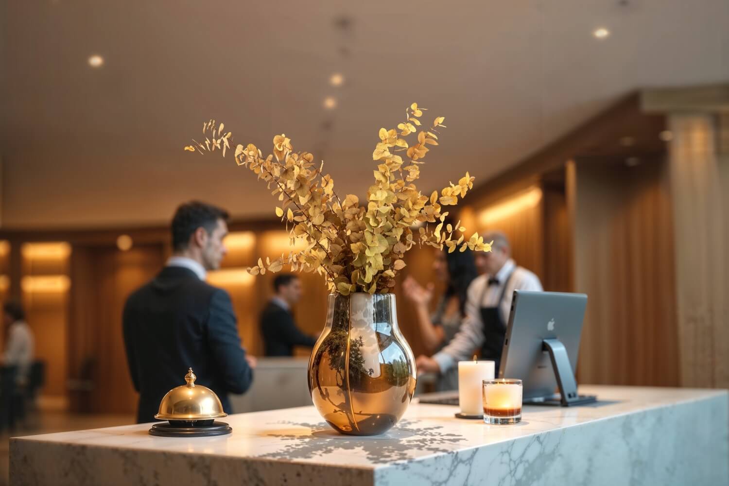 desk d'hôtel avec un bouquet d'eucalyptus stuartiana stabilisé jaune dans un vase or