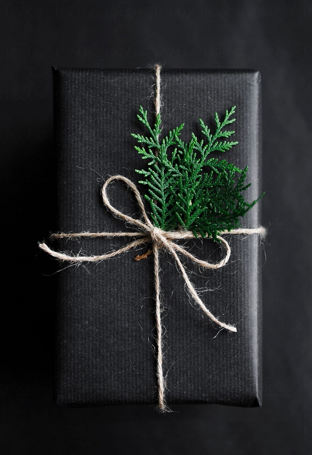 emballage cadeau noir avec une branche de juniperus stabilisée