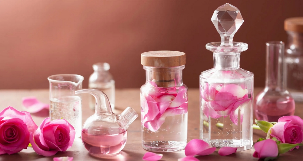 Flacons de parfum transparents entourés de fleurs roses sur une table