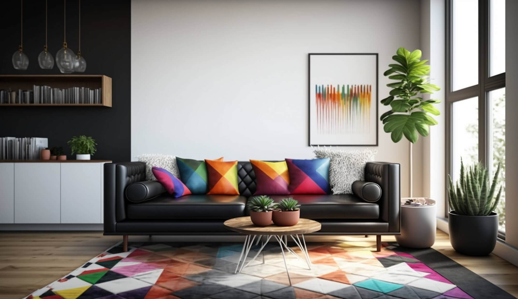 salon moderne avec coussins colorés