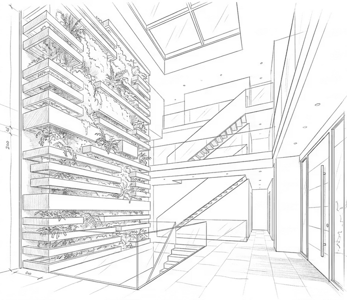 dessin d'architecte mur vegetal dans une entrée