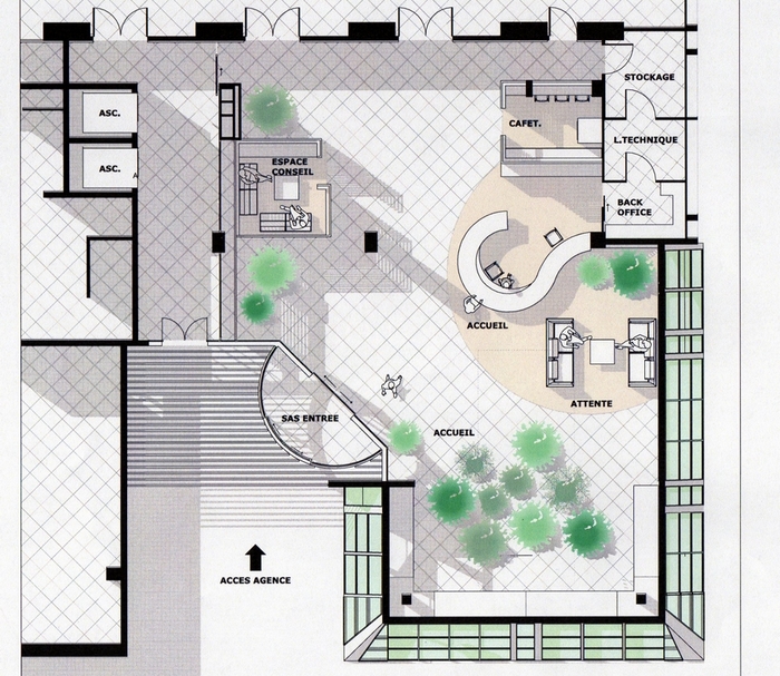 plan d'achitecte d'un amenagement vegetal agence bancaire