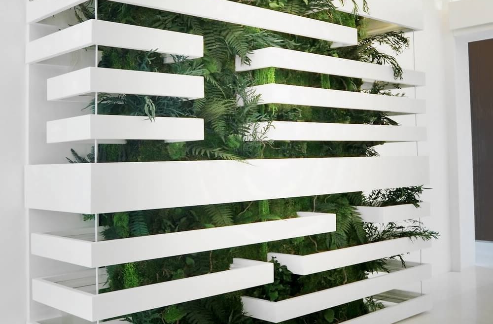 mur vegetal stabilisé dense avec structure blanche
